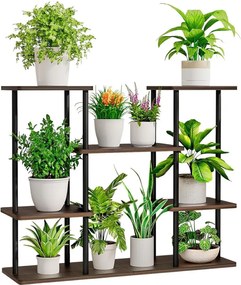 Fém virágtartó állvány, fekete/rusztikus fa, LEDER