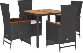 vidaXL 5 részes fekete polyrattan kerti étkezőgarnitúra párnákkal