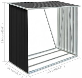 antracit horganyzott acél kerti tűzifatároló 163 x 83 x 154 cm