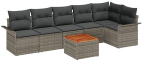 7 Részes Kerti Kanapészett Párnákkal Szürke Poli Rattan Akác, 2-Fős Kerti Kanapé Tárolóval &amp; Párnákkal Szürke Poli Rattan