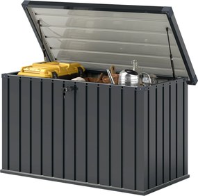 Outsunny 400L Külső Tárolódoboz Kettős Gázrugós Fedéllel, Zárral és 2 Kulccsal, Vízálló Galvanizált Acél Tárolódoboz, 124x66x72 cm, Sötétszürke | Aoso