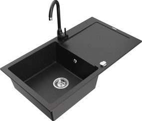 Mexen Leo 1 rekeszes gránit mosogató csepegtetővel és Telma konyhai csapteleppel, fekete/ezüst metál - 6501-73-670200-70