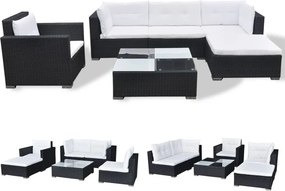 vidaXL 6-részes fekete polyrattan kerti bútorszett párnákkal