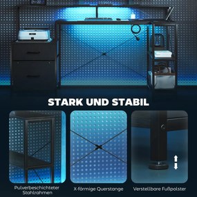 HOMCOM Gamer asztal LED-del és konnektorokkal, dupla monitoros állvánnyal, fekete