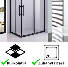 Stuxi Nizza Black 120x80 cm aszimmetrikus két tolóajtós zuhanykabin 6 mm vízlepergető biztonsági üveggel, fekete elemekkel, 190 cm magas, zuhanytálcával és szifonnal