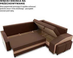 Grande sarokkanapé polcokkal és puffokkal , polc a bal karfaban puffok a jobb karfaban, jobboldali, szövet anyag, bonell töltet, barna