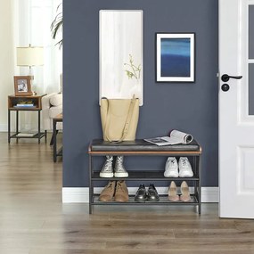 Párnázott cipőpad 2 hálós polccal, levehető ülőpárnával, 80 x 30 x 48 cm, rusztikus barna/fekete