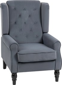 HOMCOM wingback karfás fotel, gombvarrt ülőfelülettel, párnázott magas támla, bársonyhatású kárpit, fa lábakkal, szürke | Aosom