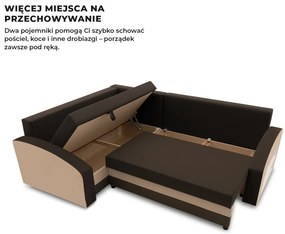 Grande sarokkanapé polcokkal , polc a jobb karfaban, baloldali, szövet anyag, hab töltet, barna