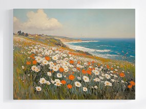 Vászonkép Canvas Tájkép Tenger Szikla Rét Virágok Pipacsok Margaréták 100x75