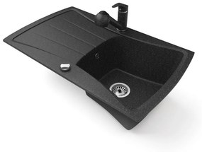Gránit mosogatótálca NERO Venezia + kihúzható zuhanyfejes Shower csaptelep + dugókiemelő (fekete)