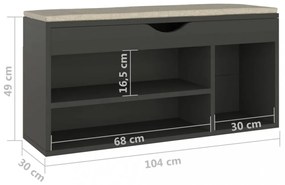 szürke szerelt fa cipőtároló pad párnával 104 x 30 x 49 cm