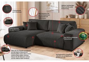 Sötétszürke kordbársony kinyitható-tárolóhelyes sarokkanapé (bal oldali) Sarina – Ropez