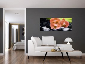 Kép - Narancssárga orchidea pálmalevelekkel (120x50 cm)