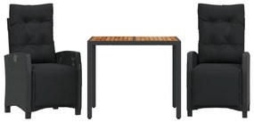 3 részes fekete polyrattan kerti étkezőgarnitúra párnákkal