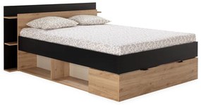 Fekete-natúr színű ágyneműtartós franciaágy ágyrács nélkül, tölgyfa dekorral 160x200 cm Albo – Marckeric