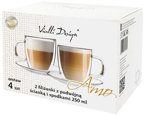 2 db-os duplafalú üveg csésze és csészealj készlet, 250 ml - Vialli Design