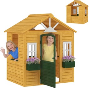 AIYAPLAY fa játszóház kültérre — ajtó, 3 ablak, 2 virágláda, 3–8 év — 134,5 × 97 × 150 cm | Aosom