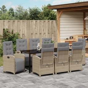 9 Darabos Kerti Étkező Garnitúra párnákkal Bézs Poli Rattan, Kerti Asztal Fekete 200x80x73 cm Edzett Üveg