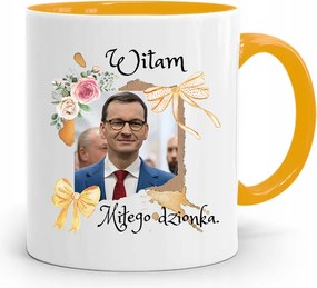 Sárga Politikus Bögre Mateusz Morawiecki Miniszterelnök fényképes nyomtatással