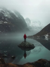 Vászonkép Canvas Norvégia Hegyek Fjord Tél Ember Magány 60x80