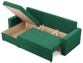 Zeus sarokkanapé, 2 ágyneműtartóval, egyenes kartámasz, bársony, univerzális oldal, hab töltet, zöld