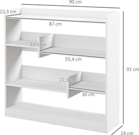 HOMCOM Könyvespolc Tároló Bútor 90L x 24W x 91H cm-es Méretekkel, 4 Szinten, 3 Hátsó Panel, Forgácslap, Fehér | Aosom