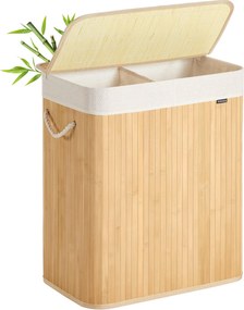 Fedeles bambusz mosókosár, 100 L, 2 rekeszes, hajtogatható bélészsákkal