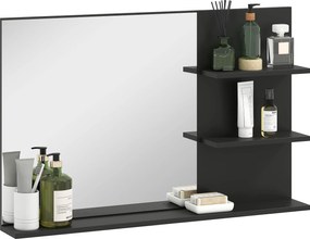 kleankin Modern Fürdőszoba Tükör 2 Oldalsó Polccal és Alsó Polccal, Fali Tükör MDF-ből és Üvegből, 75x10x48 cm, Fekete | Aosom