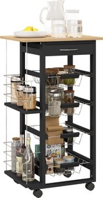 HOMCOM Konyhai Kocsi Kerekekkel, Többfunkciós Kocsi Fiókkal, 4 Kivehető Fém Kosárral és Oldalsó Polcokkal, 47x37x83 cm, Fekete és Natúr Fa | Aosom