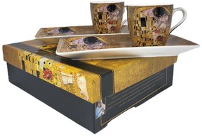 Kétszemélyes porcelán kis kávés csésze tálcával Klimt A Csók díszdobozban