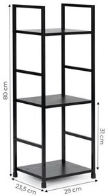 Fekete 3 szintes nyitott könyvespolc, tároló állvány fém lábakkal - 29x80cm Intenso