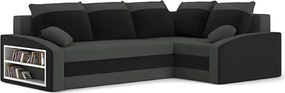 Grande sarokkanapé polcokkal , polc a bal karfaban, jobboldali, szövet anyag, hab töltet, szürke - fekete