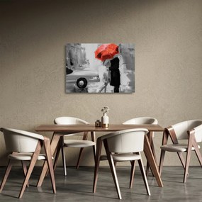 Üveg kép - Szerelmespár egy esernyő alatt, piros (70x50 cm)