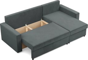 Zeus sarokkanapé, 1 ágyneműtartóval, egyenes kartámasz, bársony, univerzális oldal, bonell töltet, szürke