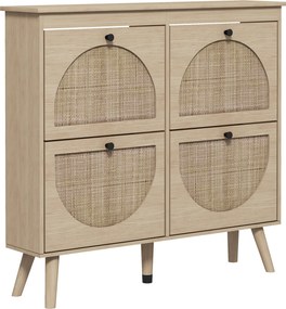 HOMCOM Cipőszekrény 4 Hajtós Fiókkal Cipőtároló 20 Párhoz Állítható Polccal Bohém Stílus Szilárd Fa Lábakkal 105 x 24 x 97,5 cm | Aosom