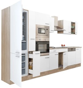 Yorki 370 konyhablokk sonoma tölgy korpusz,selyemfényű fehér fronttal alulfagyasztós hűtős szekrénnyel