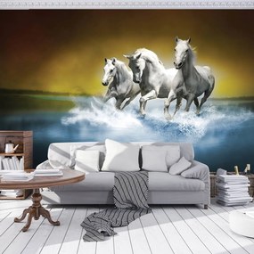 Fotótapéta - Fehér ló vágtat a vízen (152,5x104 cm)