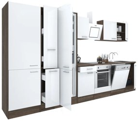 Yorki 370 konyhablokk yorki tölgy korpusz,selyemfényű fehér front alsó sütős elemmel polcos szekrénnyel és alulfagyasztós hűtős szekrénnyel