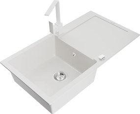 Mexen Leo, gránit mosogató 900x500x190 mm, 1 kamrás, fehér króm szifonnal és fehér Rita mosogató csaptelep, 6501-20-670300-20