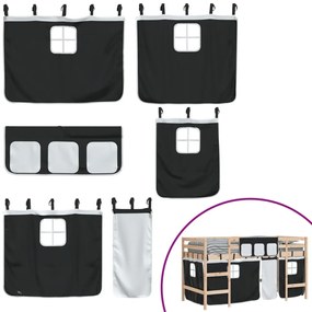 fehér-fekete tömör fenyő gyerek galériaágy függönnyel 90x190 cm