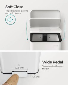 Konyhai Szemetes 40L, Nagy pedálos kuka 15 szemeteszsák mellékelve, Fehér