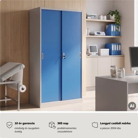 Fém irodai szekrény tolóajtókkal, szürke-kék, 900x1850x400 mm: KUBA