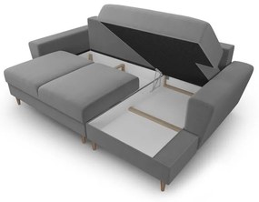 Világosszürke bársony kinyitható tárolóhelyes sarokkanapé (jobb oldali-heverő résszel) Kyoto – Cosmopolitan Design