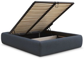 Sötétkék kárpitozott ágyneműtartós-ágytámla nélkül franciaágy ágyráccsal 160x200 cm Inera – Bobochic Paris