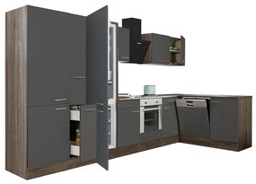 Yorki 370 sarok konyhabútor yorki tölgy korpusz,selyemfényű antracit front alsó sütős elemmel polcos szekrénnyel, alulfagyasztós hűtős szekrénnyel
