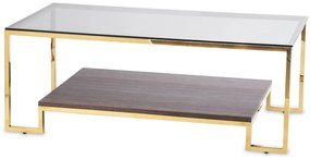 Design arany fém asztal, 8mm üveg asztallap, alsó fa polc 45x120x60cm