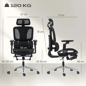 HOMCOM Prémium ergonomikus irodai szék, állítható derék- és fejtámlával, 6D karfákkal, lábtartóval, hálós, fekete
