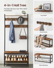 Fogas cipőtárolóval, előszobafal padokkal, 85x30x180cm, rusztikus barna és fekete