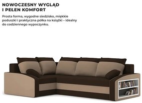 Grande sarokkanapé polcokkal , polc a jobb karfaban, baloldali, szövet anyag, hab töltet, barna